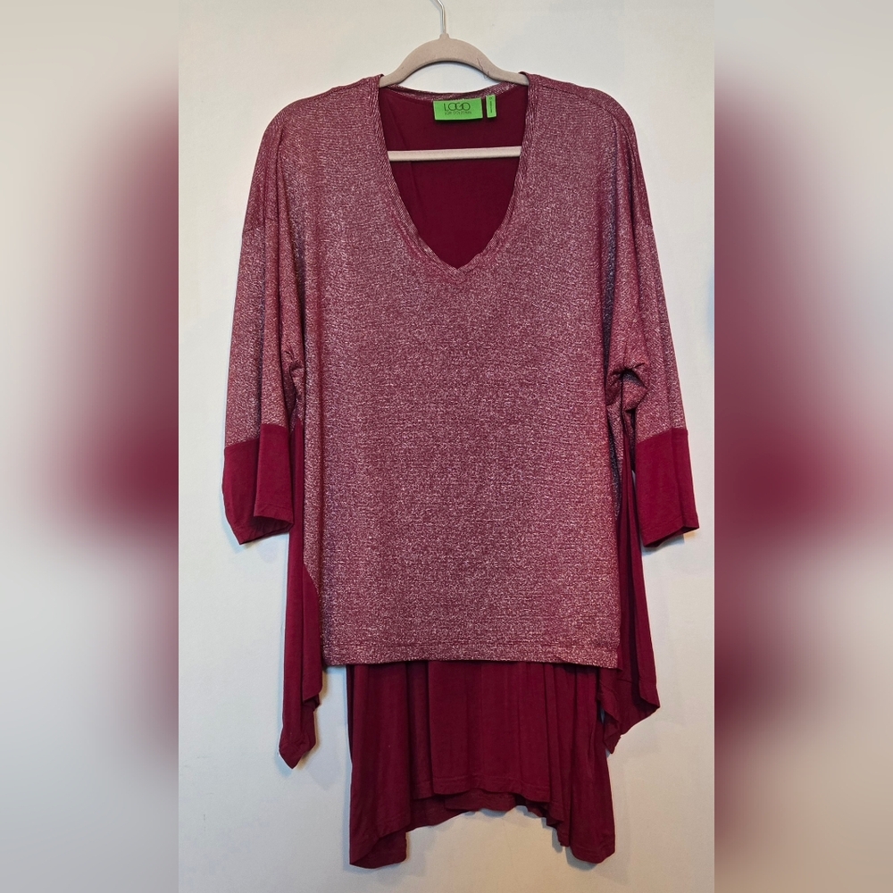 💥4 for $30💥 Lori Goldstein Layered Sparkle Burgundy Tunic Top size 1X